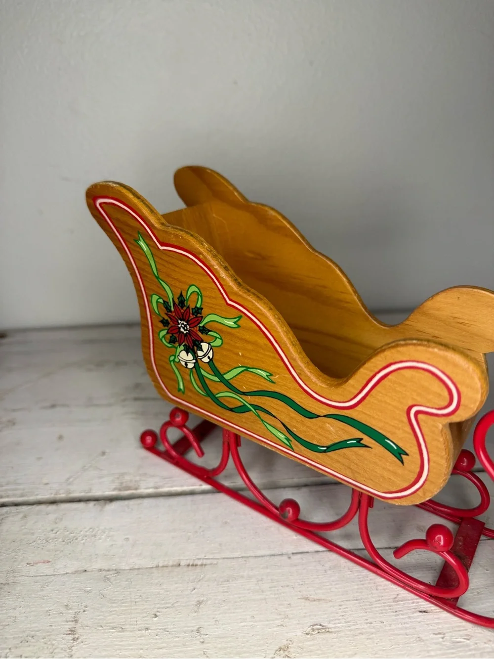 Vintage Poinsettia Wooden Sleigh Planter w/Metal Rails. Sleigh 8
